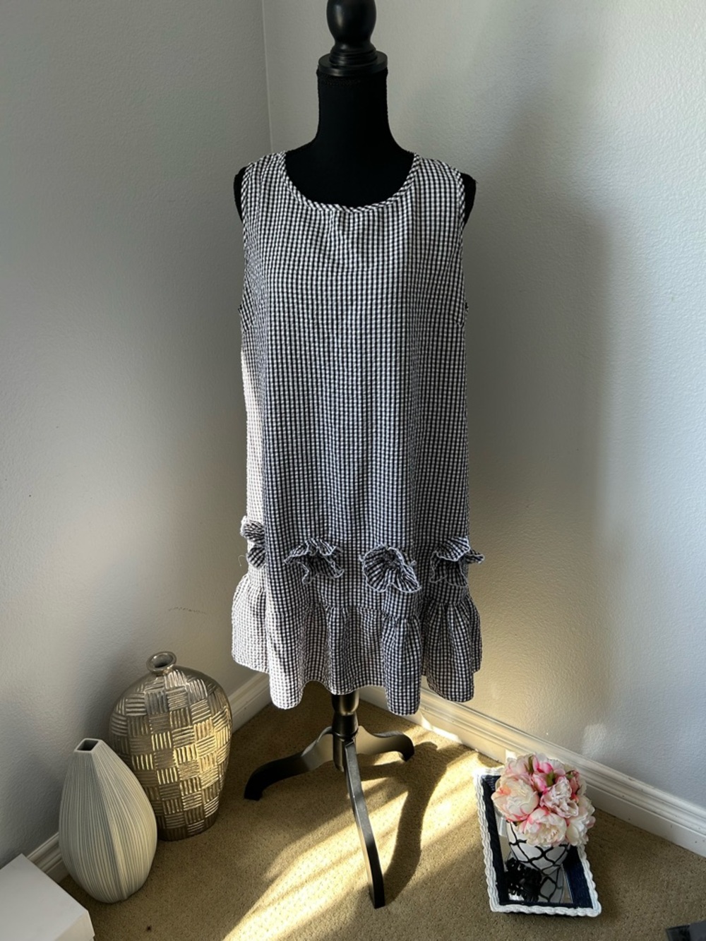 Black & White Gingham Sleeveless Ruffle Hem Dress